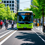 **

"A bustling city street with eco-friendly features: electric buses, bicycle lanes with cyclists, and pedestrians walking on tree-lined sidewalks. Buildings have vertical gardens and solar panels. Professional urban planning, fully clothed people, safe for work, appropriate content, perfect anatomy, natural proportions, vibrant colors, daytime."

**