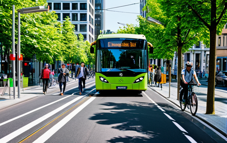 **

"A bustling city street with eco-friendly features: electric buses, bicycle lanes with cyclists, and pedestrians walking on tree-lined sidewalks. Buildings have vertical gardens and solar panels. Professional urban planning, fully clothed people, safe for work, appropriate content, perfect anatomy, natural proportions, vibrant colors, daytime."

**