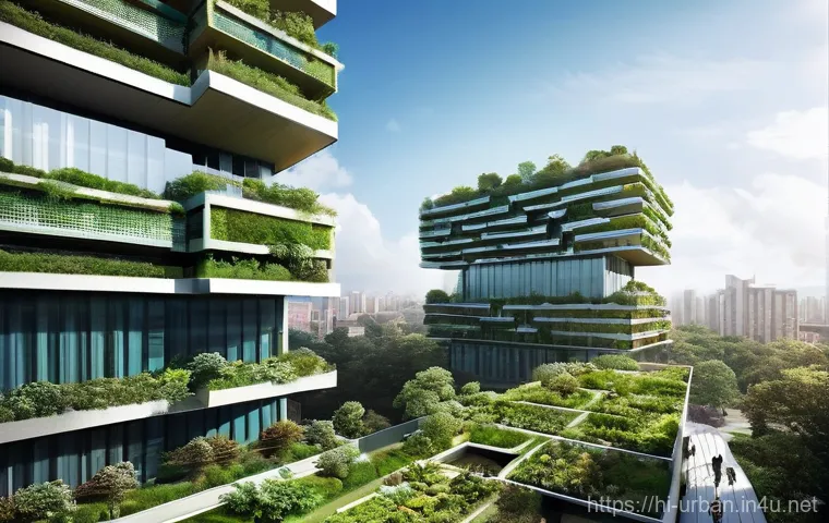 에너지효율적 도시설계 - **Prompt 1: "A vibrant, futuristic urban landscape featuring several striking 'Green Buildings' that...