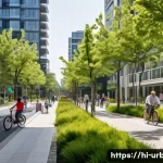 Home 21 TOD 대중교통 지향 개발 - A serene and verdant urban street scene in a Transit-Oriented Development (TOD) area. The street is ...
