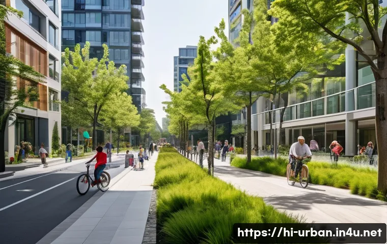 TOD 대중교통 지향 개발 - A serene and verdant urban street scene in a Transit-Oriented Development (TOD) area. The street is ...