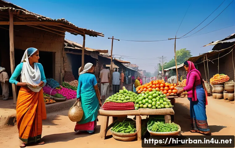 도시 및 지역경제 연계 - A vibrant rural market scene in India showing farmers and artisans selling fresh vegetables, traditi...