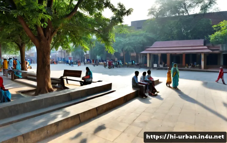 도시공간의 사회적 가치 - Photorealistic wide-angle view of a welcoming public plaza in a modern Indian city, diverse Hindi-sp...
