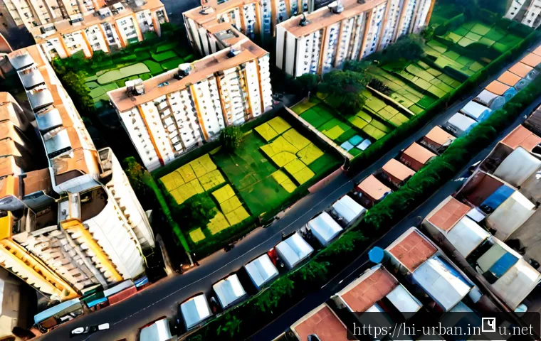 Home 17 도시 주거 밀도 분석 - Photorealistic aerial view of a densely populated Indian city neighborhood, tightly packed mid-rise ...